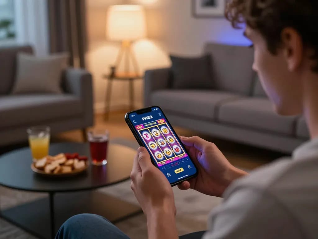 Player using PH22 app to spin slots in a cozy living room setting