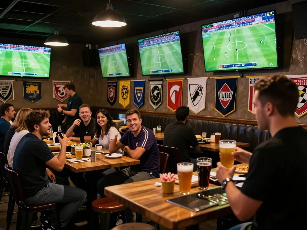 Engaging in kèo bóng đá trực tuyến while enjoying a lively sports bar atmosphere filled with fans and live matches.