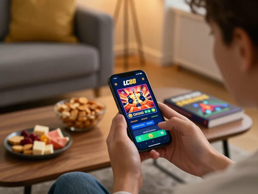 Engaging LC88 mobile gaming experience on smartphone in cozy living room setting