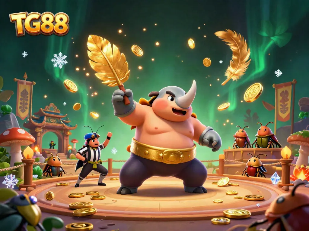 Join the fun at TG88, featuring a rhinoceros beetle sumo champion amidst colorful casino elements.