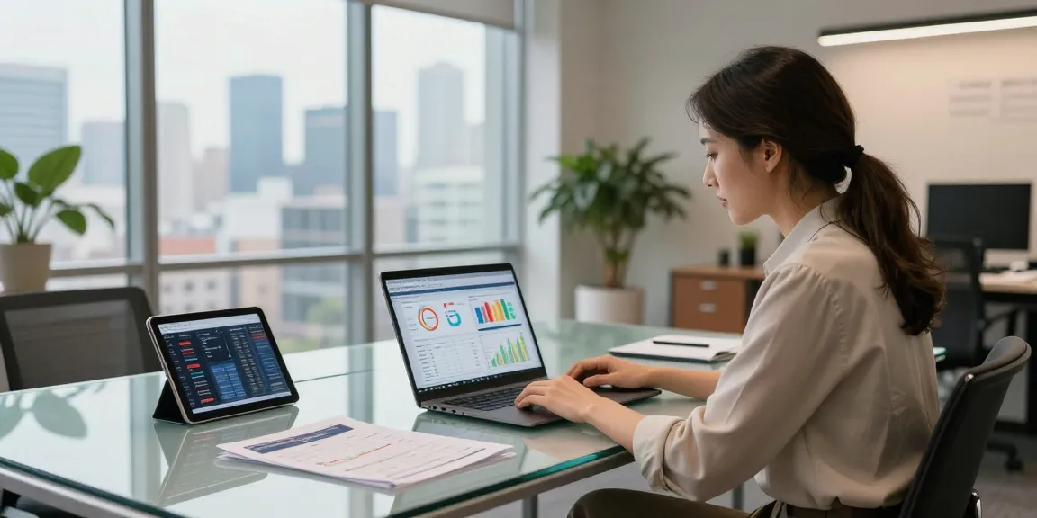 ETF performance analysis in a modern office with financial advisor and investment tools.