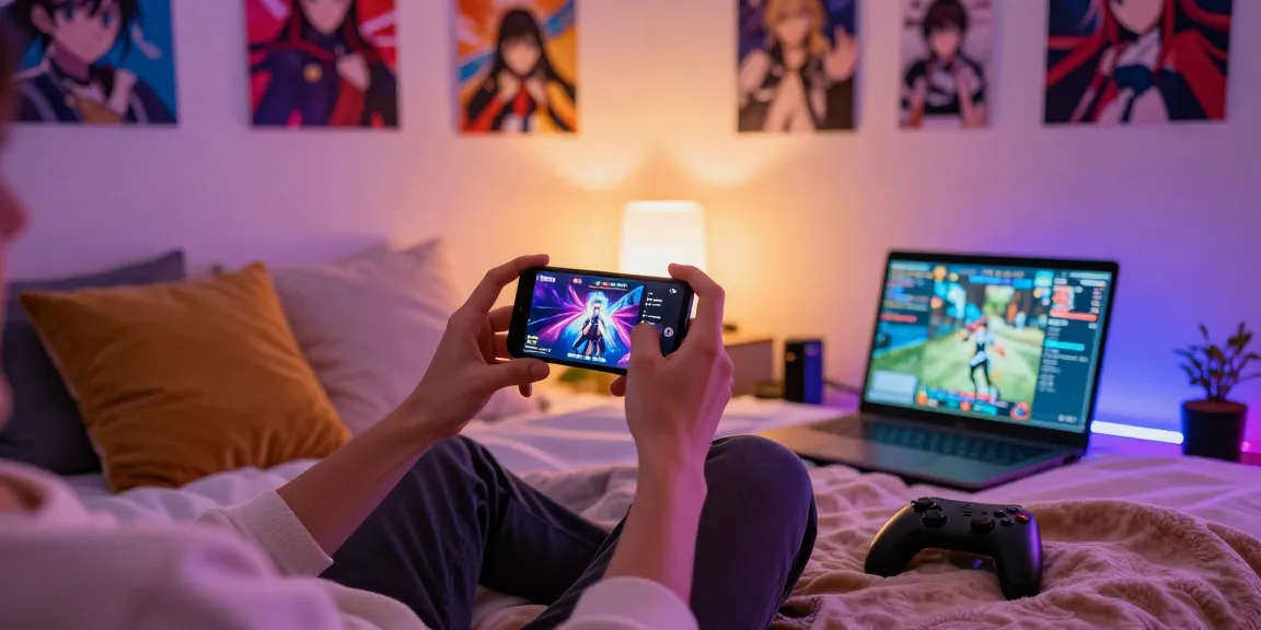 Mobile hentai game experience in a cozy bedroom setting with gamer engaged on smartphone amid colorful LED lights.