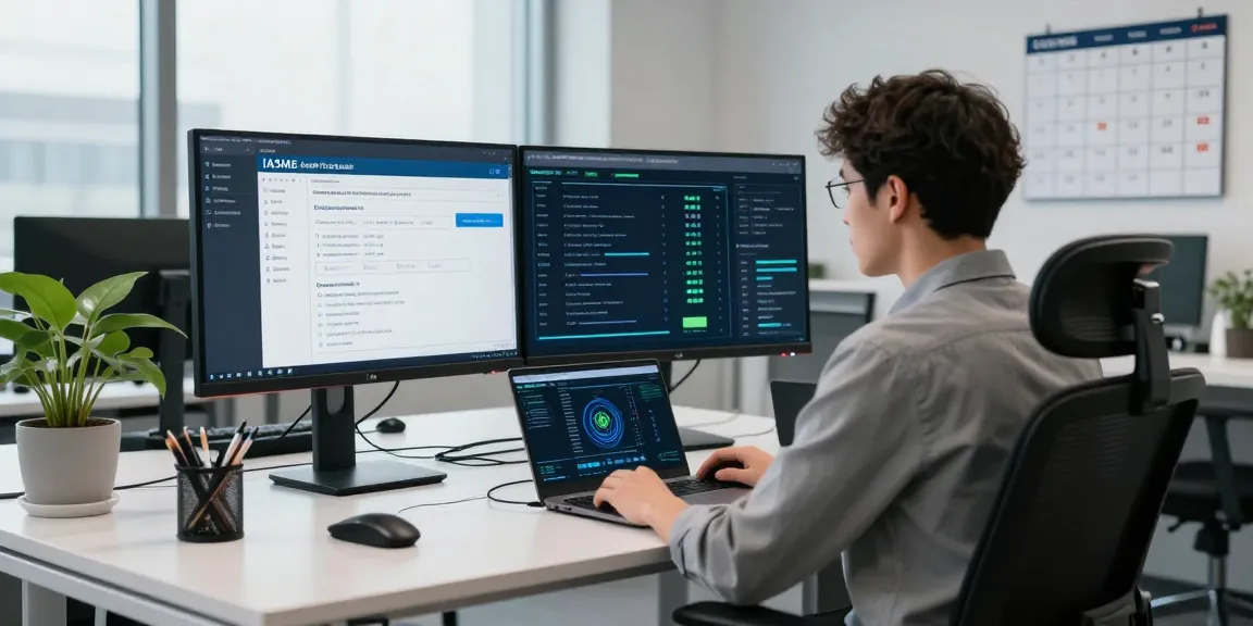 IT specialist analyzing cyber essentials renewal metrics in a modern office for continuous compliance.