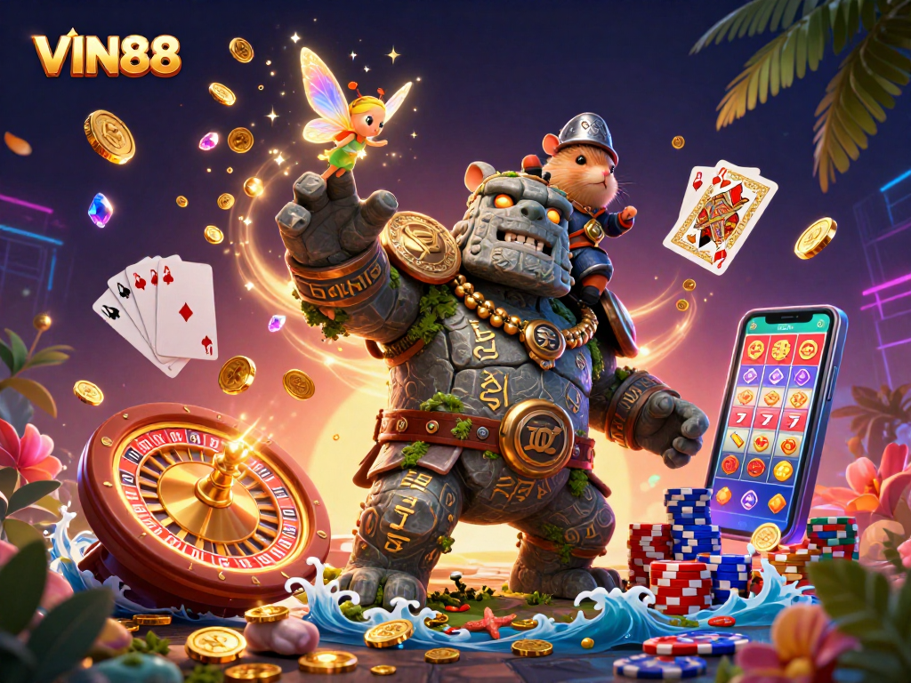 Experience excitement with VIN88 featuring a golem guardian, fairy magic, and poker elements.