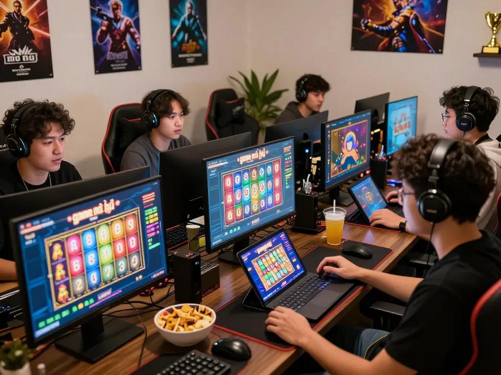 Players excitedly engaging in game nổ hũ at modern gaming setup showcasing vibrant reels and screens.