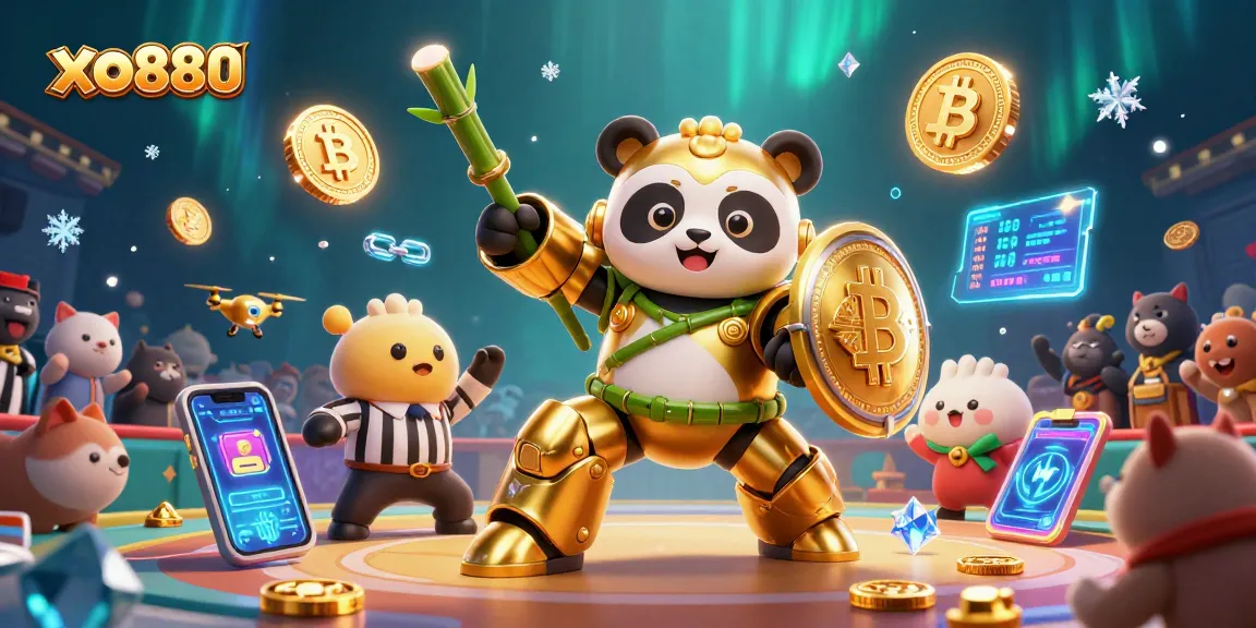 Experience the excitement of xo880 with a vibrant 3D casino battle scene featuring crypto elements and lively spectators.