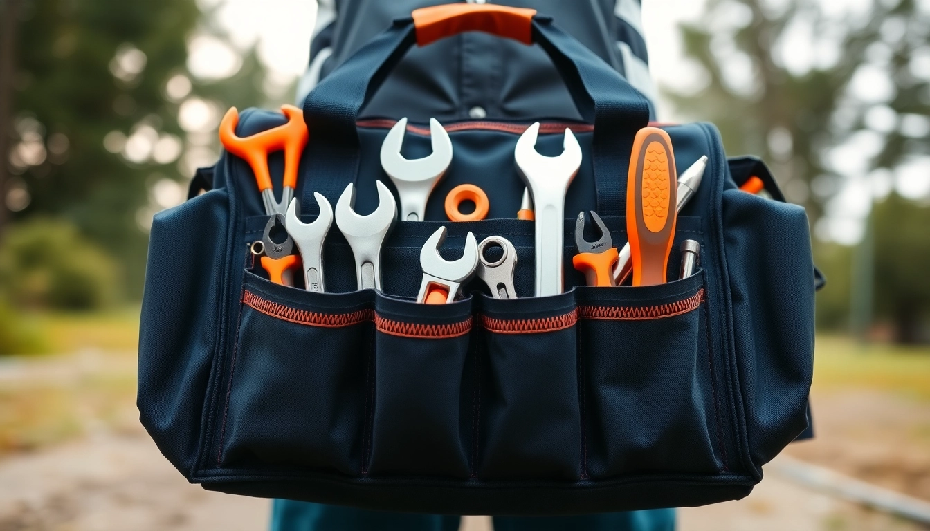 Borsa porta attrezzi professionale piena di attrezzi essenziali, che mostra durata e organizzazione.