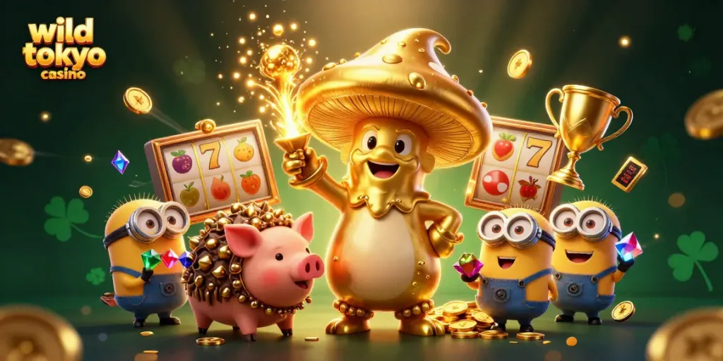 Experience the excitement at wild tokyo casino with magical characters surrounded by vibrant slot elements and treasures.