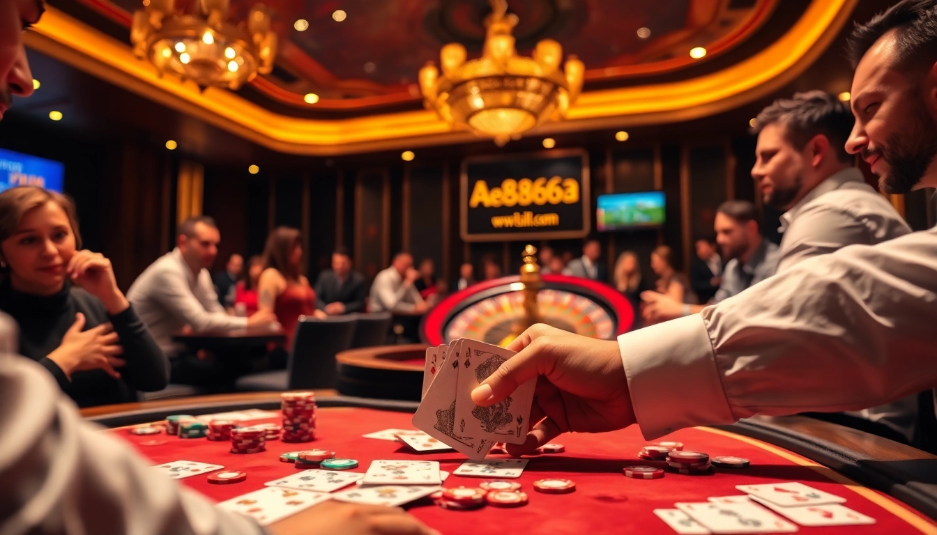 Experience the thrill of gambling with AE888, showcasing poker excitement and luxurious ambiance.
