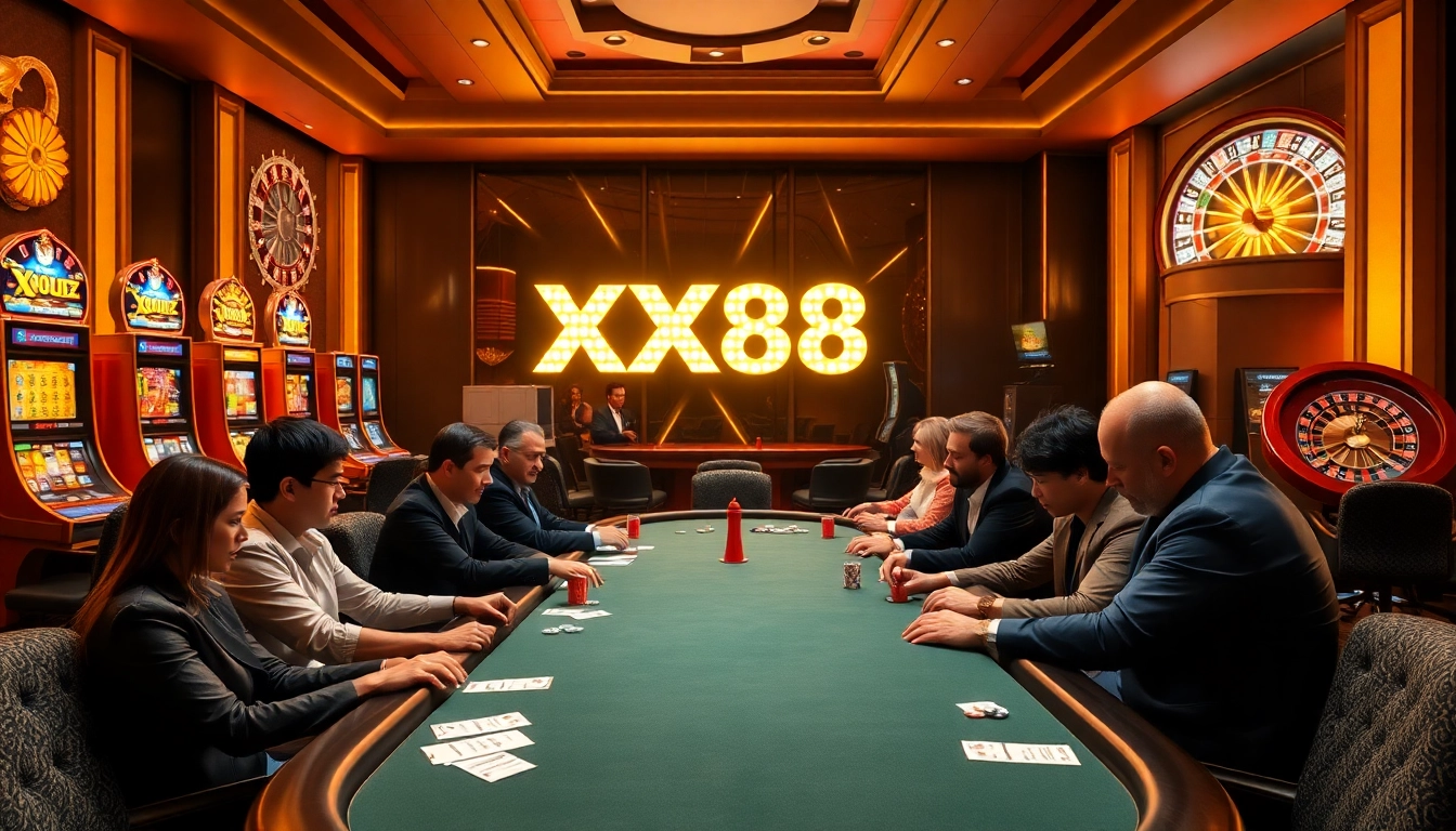 Engaging players at the poker table in a vibrant XX88 casino scene.