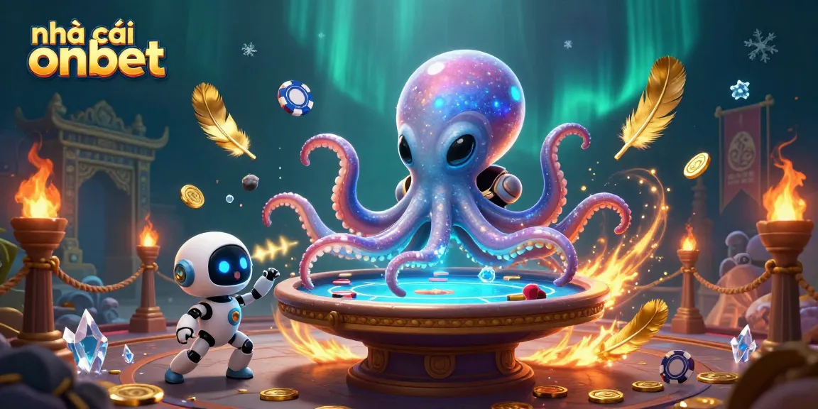 Engage with the nhà cái onbet in a vibrant casino scene featuring an alien octopus at a poker table.
