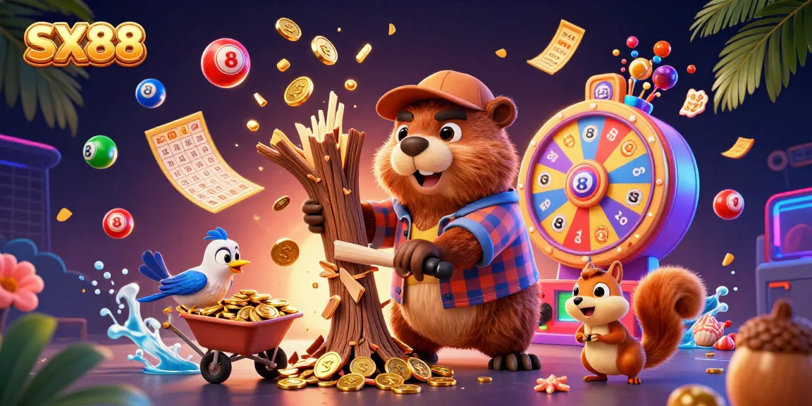 SX88 promotes excitement as the cartoon beaver collects golden coins amidst a dynamic casino scene.