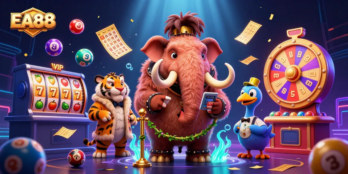 Experience the excitement at EA88 with dynamic slot machines and cartoon characters in an immersive casino scene.