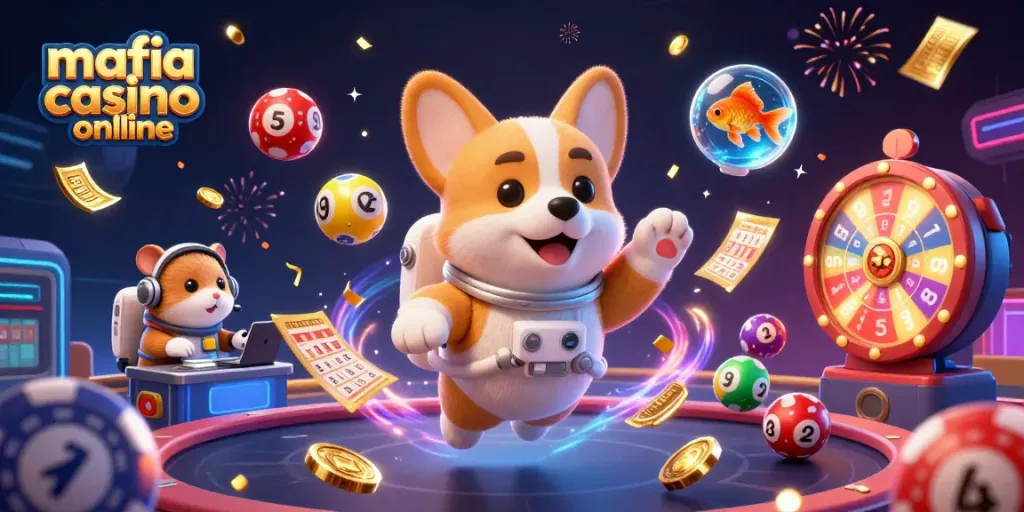 Immerse yourself in mafia casino online with a playful astronaut corgi amid vibrant gaming elements and excitement.