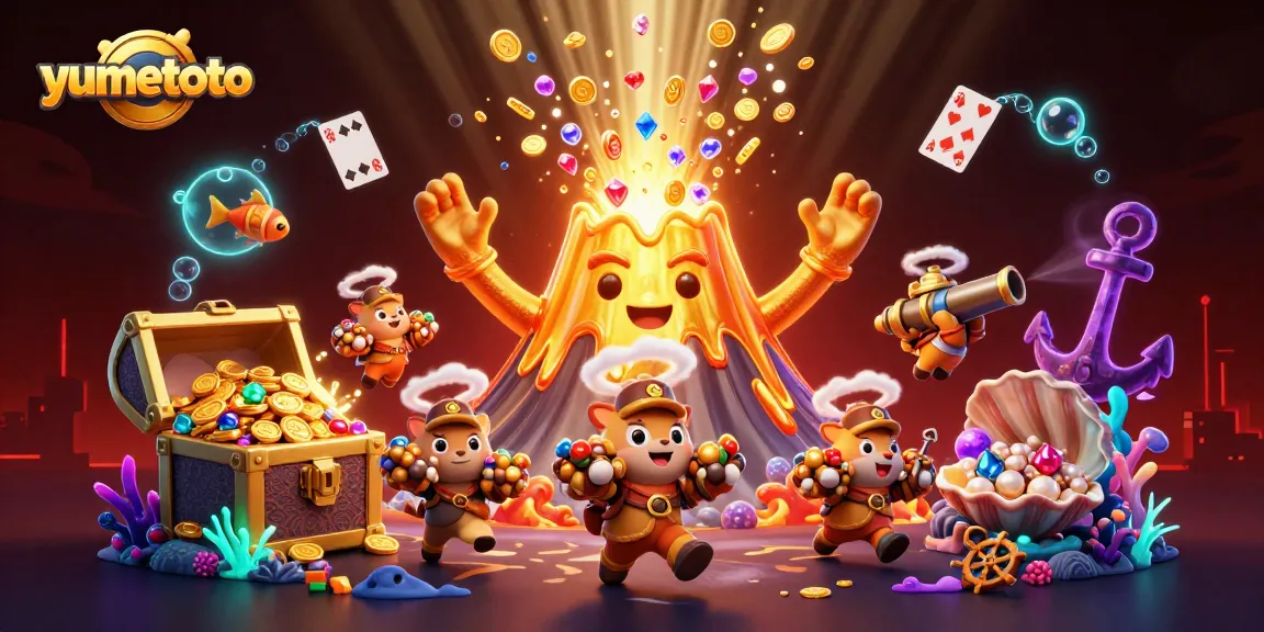 Experience the excitement of yumetoto with a vibrant scene filled with treasure and gaming elements.