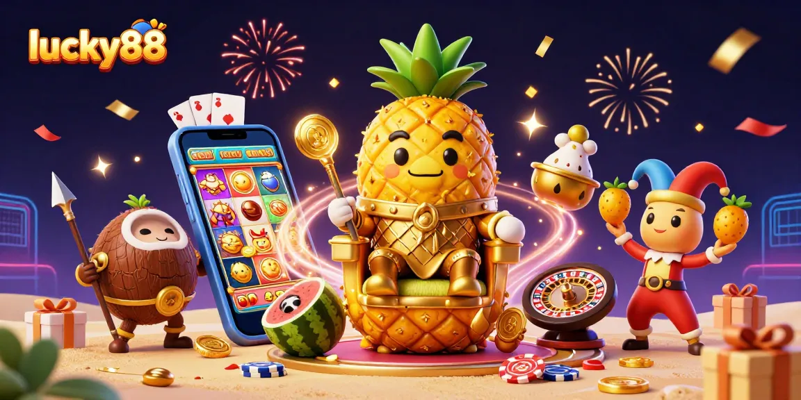 Experience the excitement of lucky88 with a golden pineapple king and dynamic casino elements!
