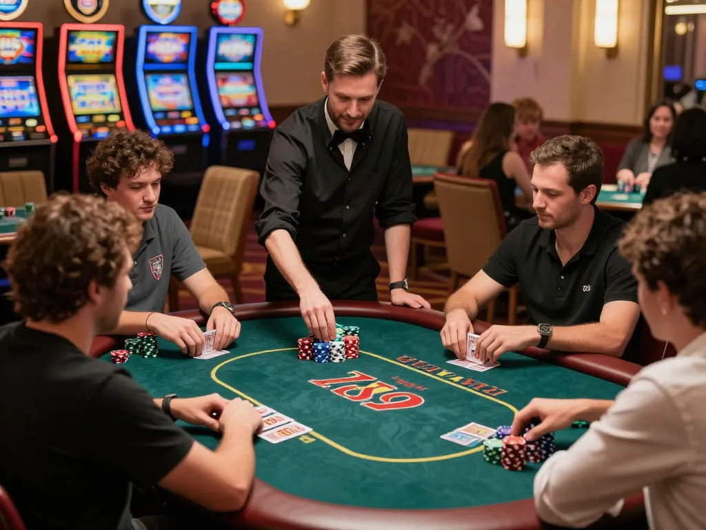 Players enjoying a thrilling poker game at 789 win casino with colorful chips, strategic gameplay excitement.
