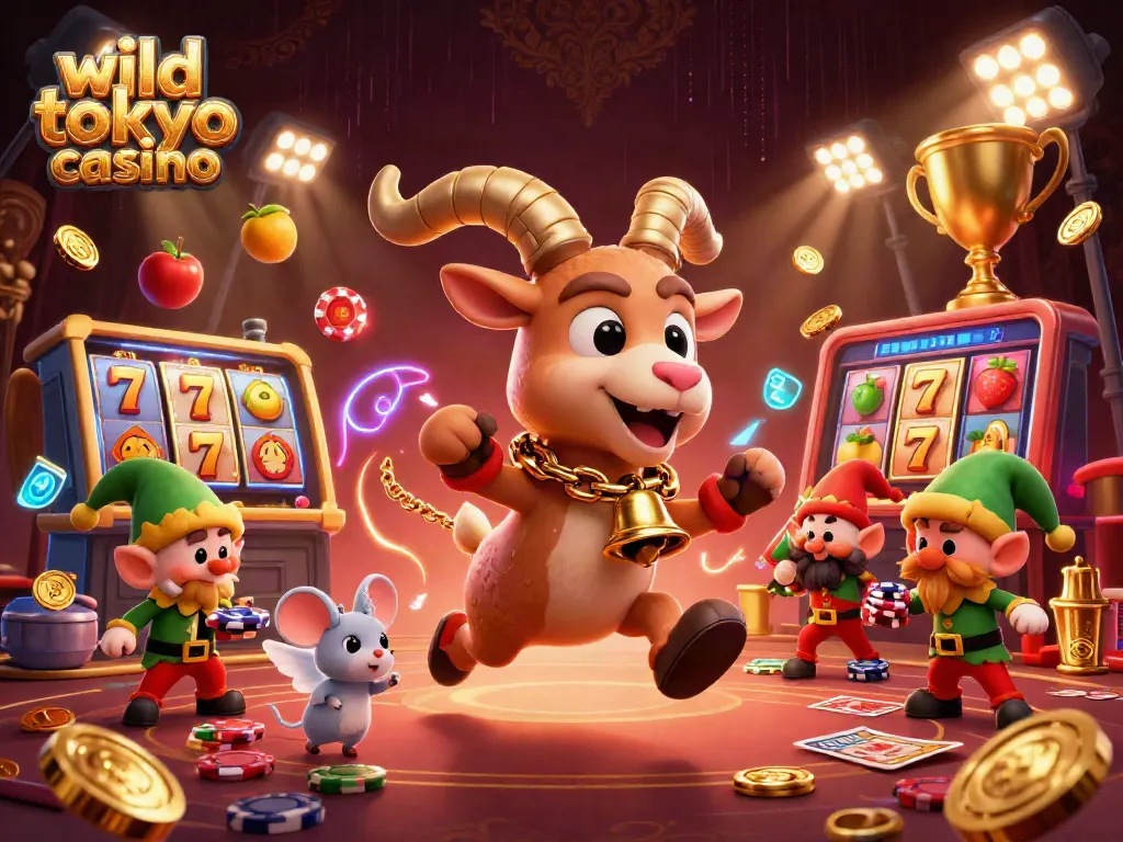 Experience the excitement of wild tokyo casino with a lively illustration of Krampus and playful characters.
