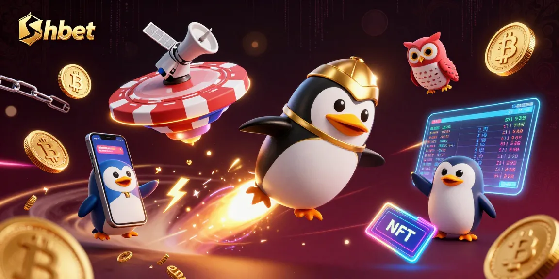 Shbet's golden penguin rockets through space, surrounded by crypto coins and casino elements in vibrant illustration.