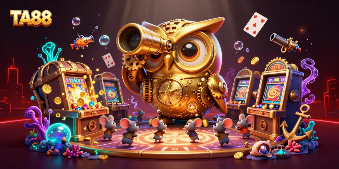 TA88 casino scene with whimsical golden owl and wind-up mice, showcasing vibrant slot machine action.