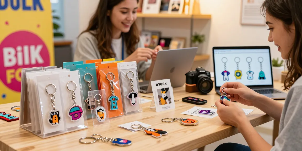 Custom keychains displayed in an inviting e-commerce setup, showcasing various styles for personalization.