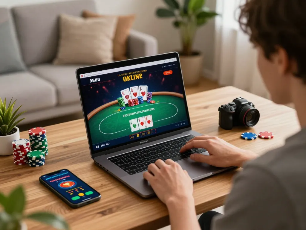 Engaged player on lc88 com enjoying online poker game with vibrant chips and ambient lighting