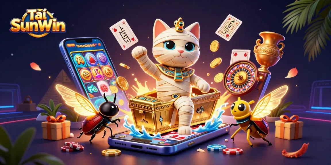 Play games and experience Tải SunWin with an Egyptian mummy cat and vibrant casino elements.
