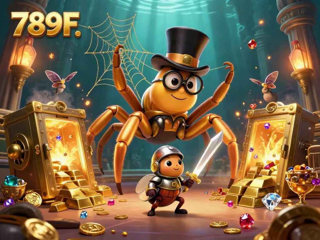 Experience the excitement of 789F with a vibrant 3D casino scene featuring a golden tarantula and treasure galore.