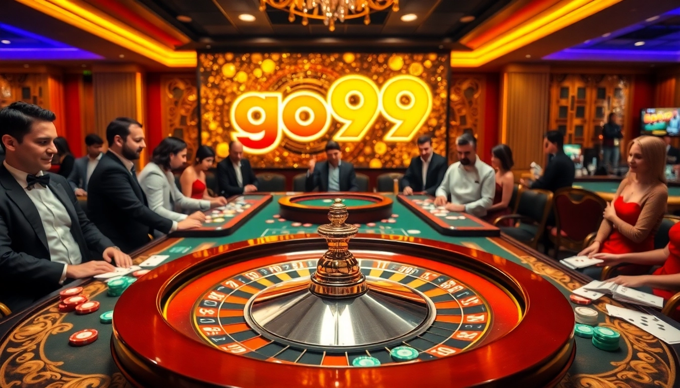Experience the thrill of the go99 game with an exciting roulette wheel in a luxurious casino setting.