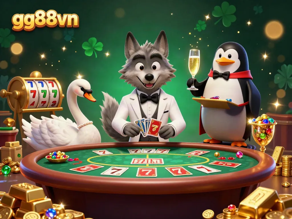 Experience thrilling baccarat action at GG88VN with a debonair wolf and elegant swan in a vibrant casino.