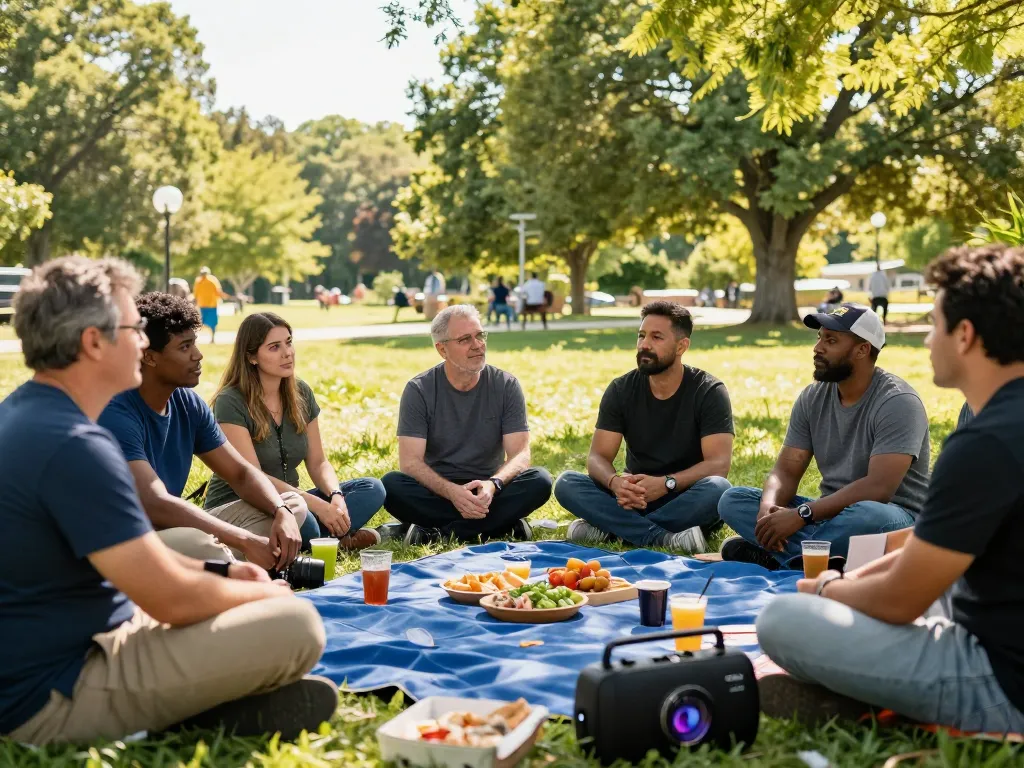 Men club gathering in a park, discussing openly while enjoying a picnic, fostering connection.
