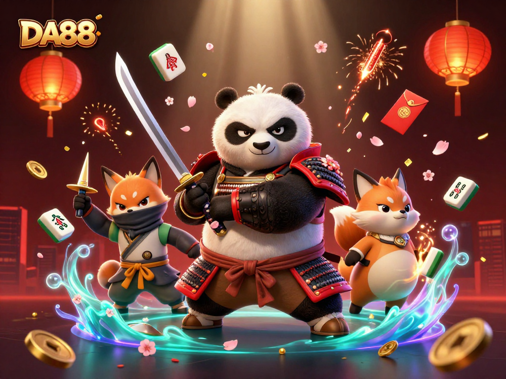 Engage with DA88 through an action-packed casino scene featuring dynamic characters and festive elements.