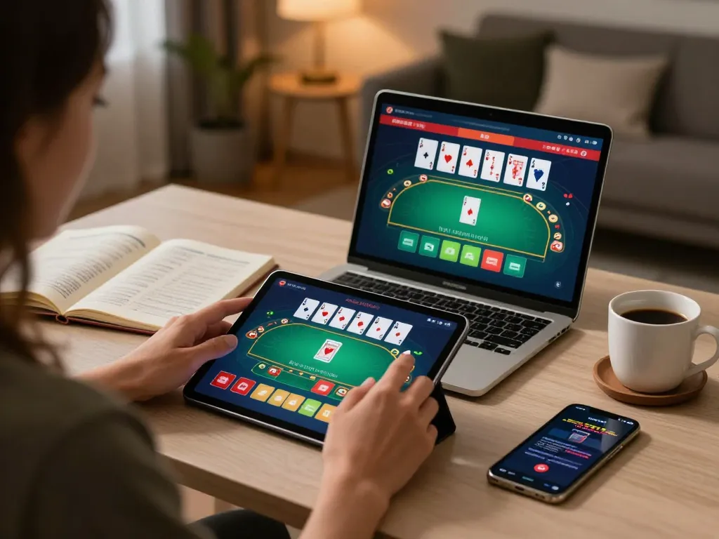 Player engaged in online gaming with nhà cái 98win displayed clearly on tablet in modern home setting