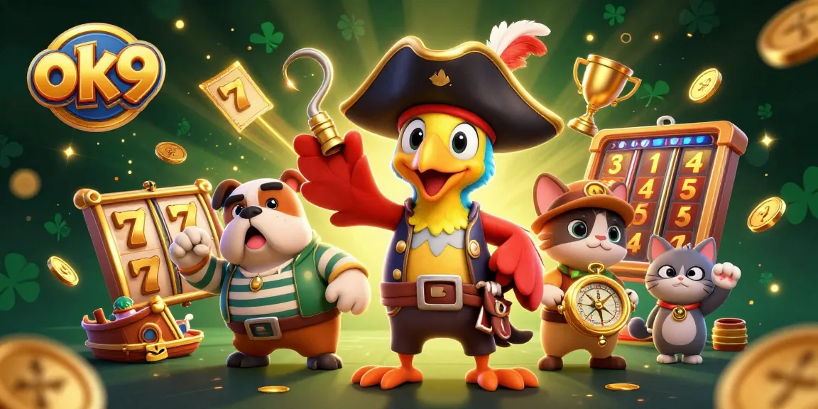 Engage in thrilling slots action with ok9 as pirate captain commands victory in a vibrant casino scene.