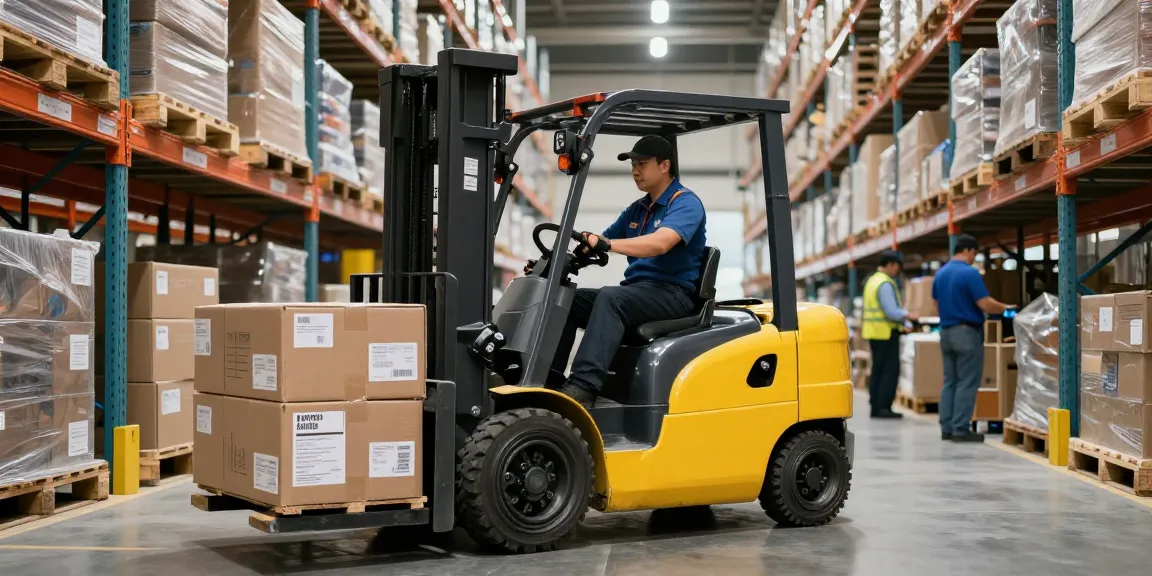 Electric forklift in action, lifting heavy boxes in a busy warehouse, showcasing efficient material handling.