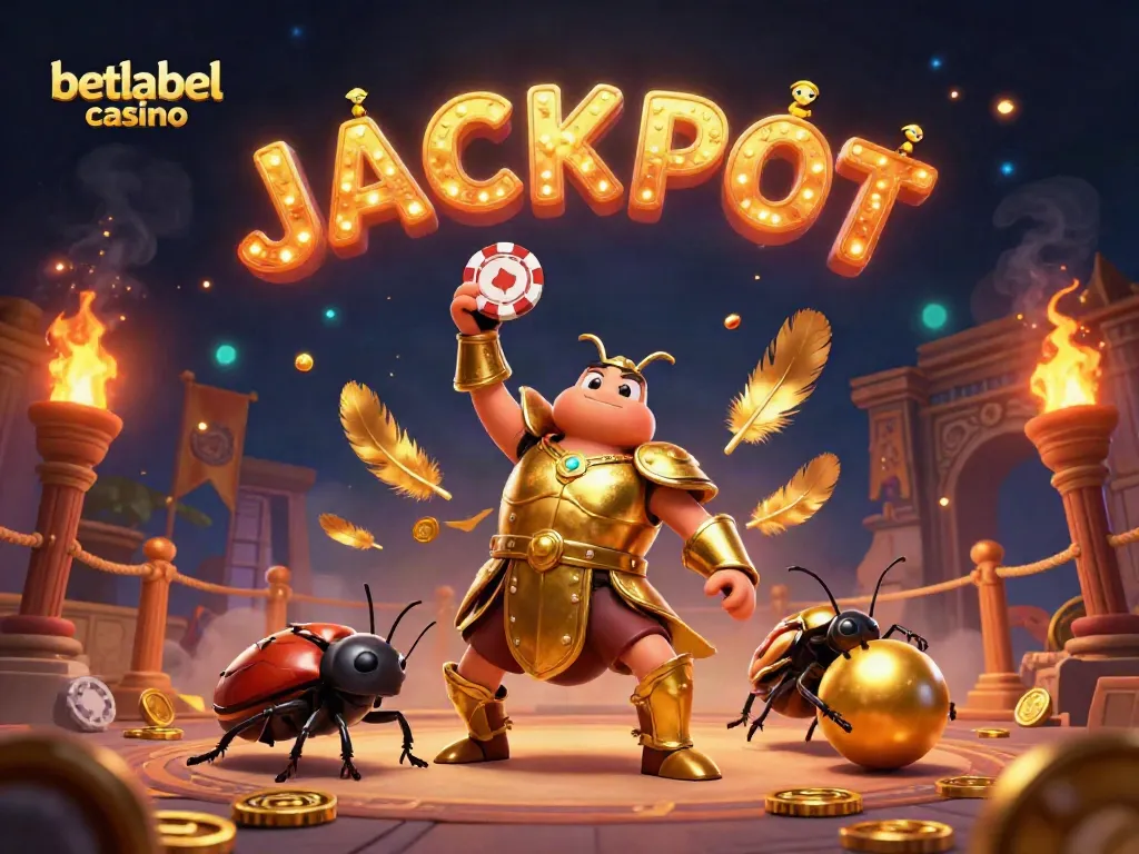 Experience the excitement at betlabel casino with a cartoon hercules beetle celebrating a big win.