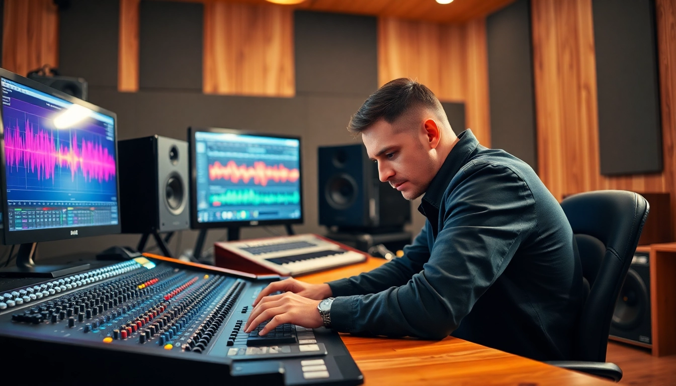 Engage in online audio mastering with a professional sound engineer at a vibrant music studio.