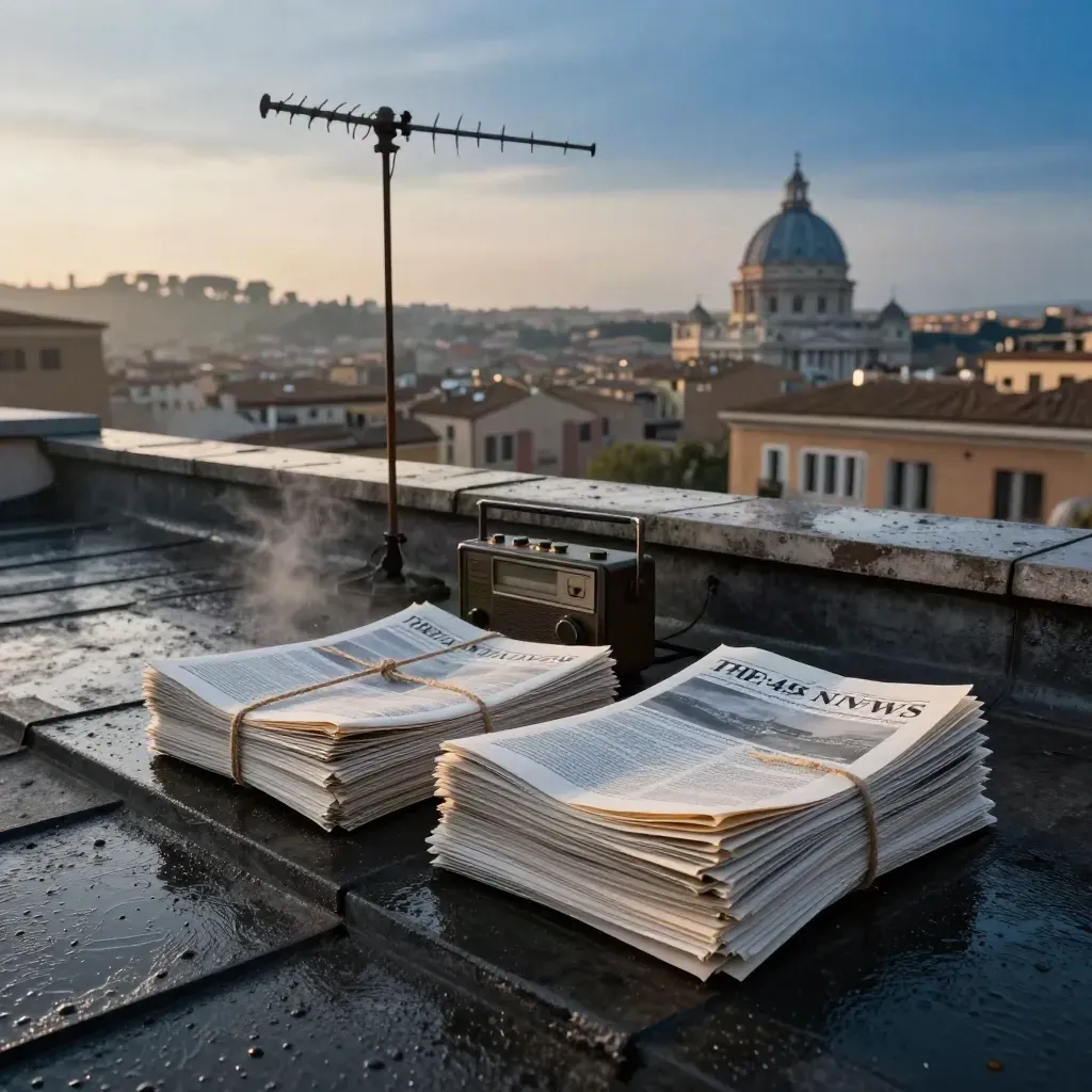 Buste di giornali all’alba su un tetto bagnato, antenna e cupola di Roma nella nebbia.