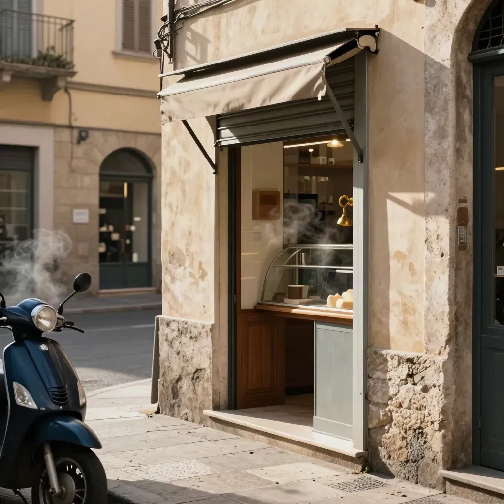 Shutter di una panetteria che si apre all’alba, scooter fermi e vapore caldo in una via italiana.