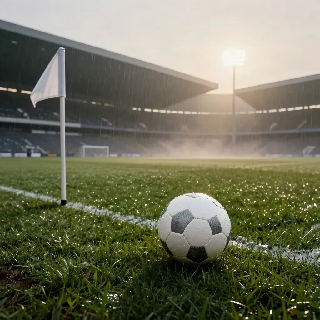 Campo da calcio bagnato con pallone, bandierina d’angolo e stadio illuminato nella pioggia.