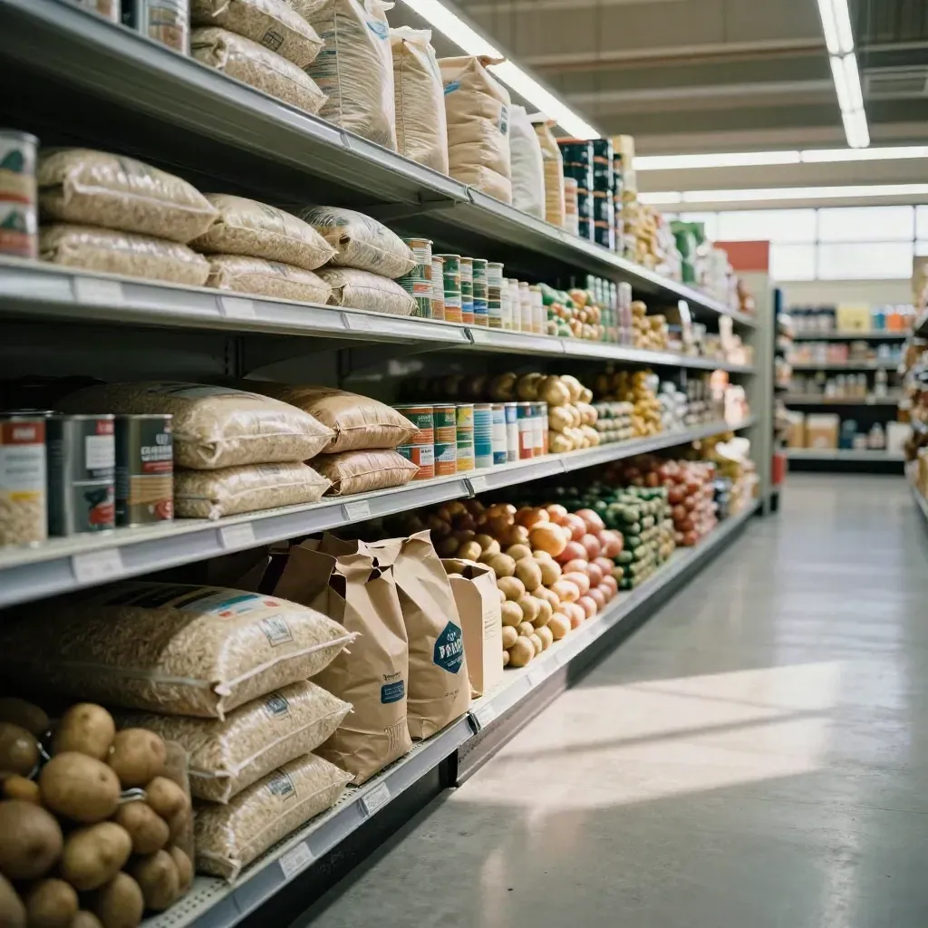 Corsia di supermercato con scaffali semivuoti, cassette chiare e luce fredda del mattino.