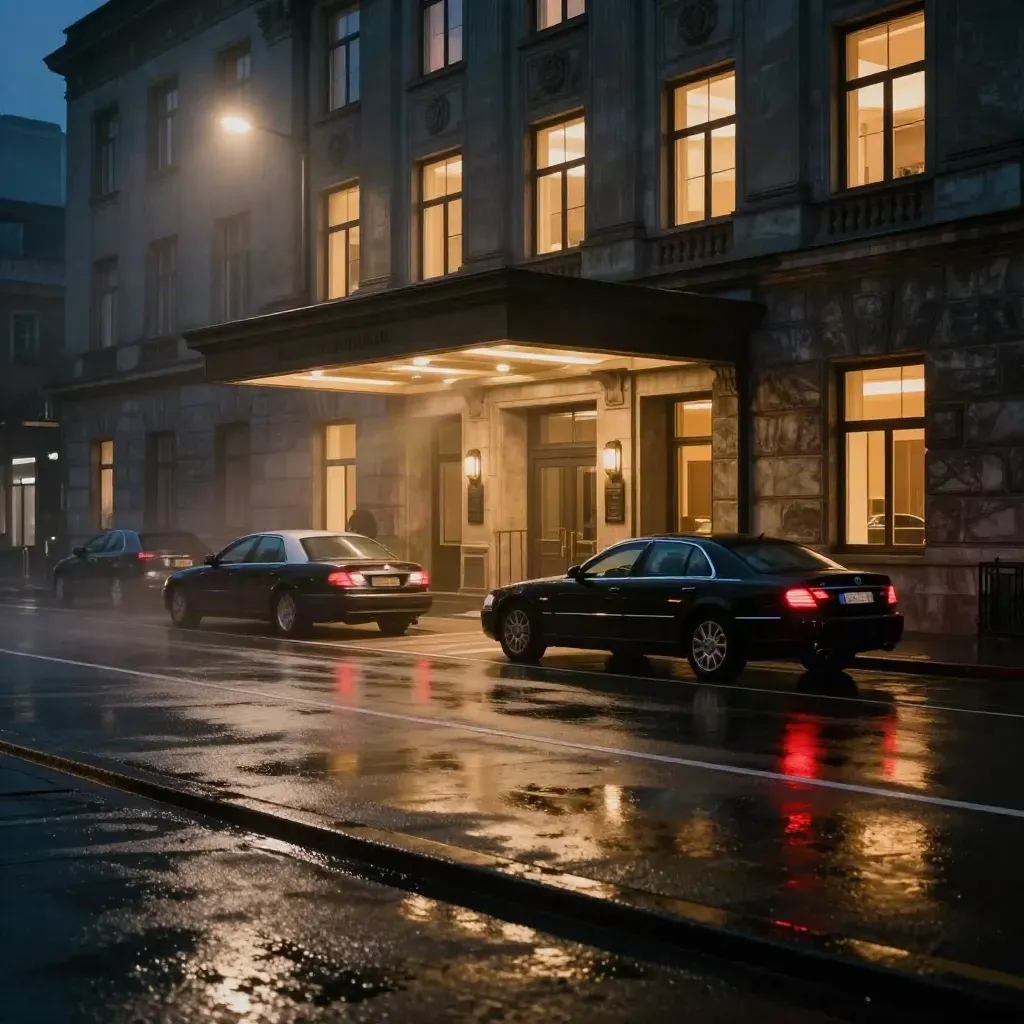 Ingresso notturno di un palazzo di governo bagnato dalla pioggia, auto ufficiali e finestre accese.