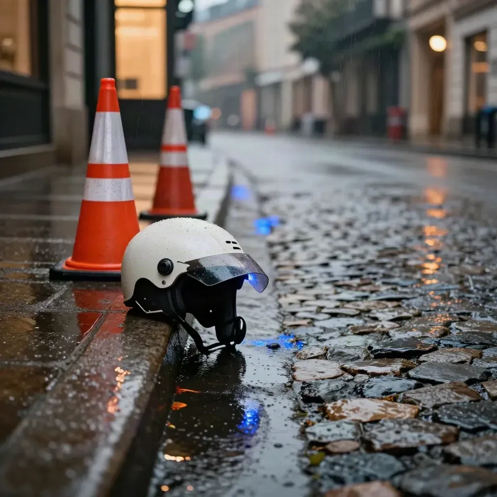 Curb bagnato con casco da scooter rovesciato, cono arancione e riflessi blu sulla pavimentazione.