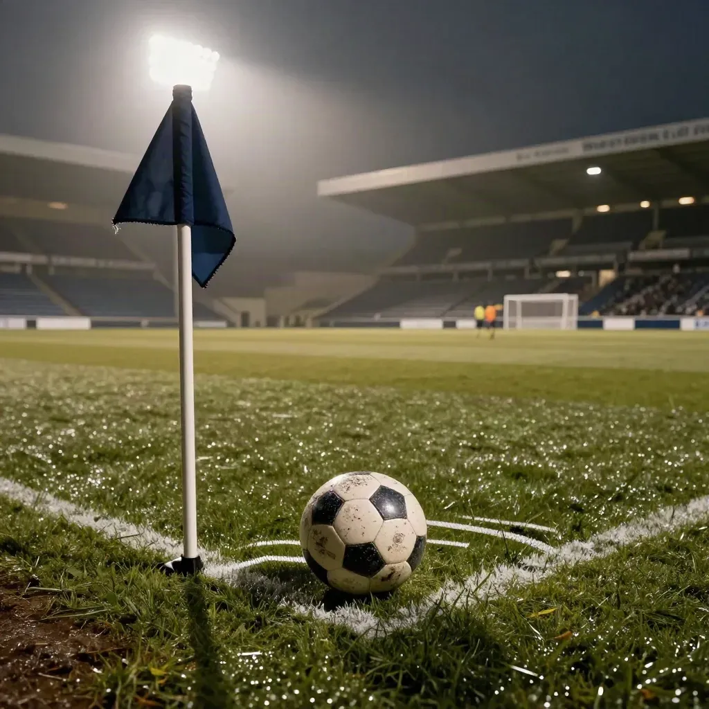 Pallone consumato, bandierina d’angolo e prato umido in uno stadio vuoto prima del calcio d’inizio