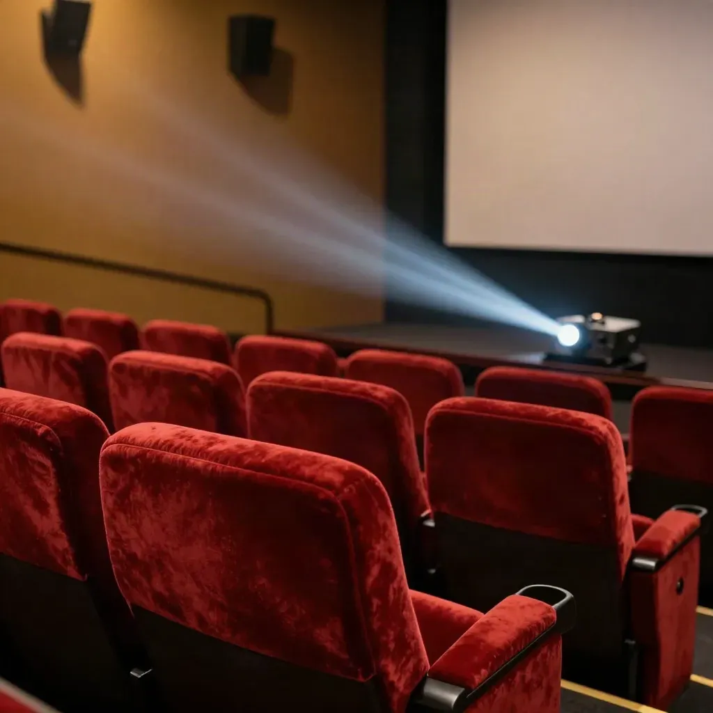 Sala cinema vuota con poltrone rosse e fascio del proiettore nella polvere