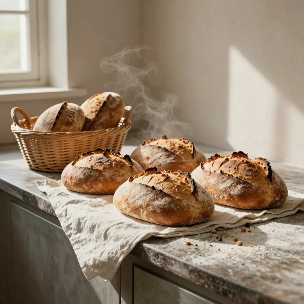 Filone di pane rustico su lino e cesta di vimini, con vapore e farina su un banco di pietra