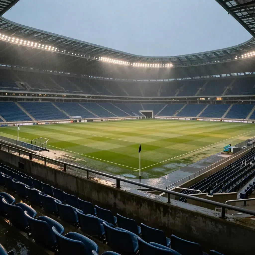 Stadio San Siro vuoto sotto i riflettori dopo la pioggia, con bandierina d’angolo e campo bagnato.