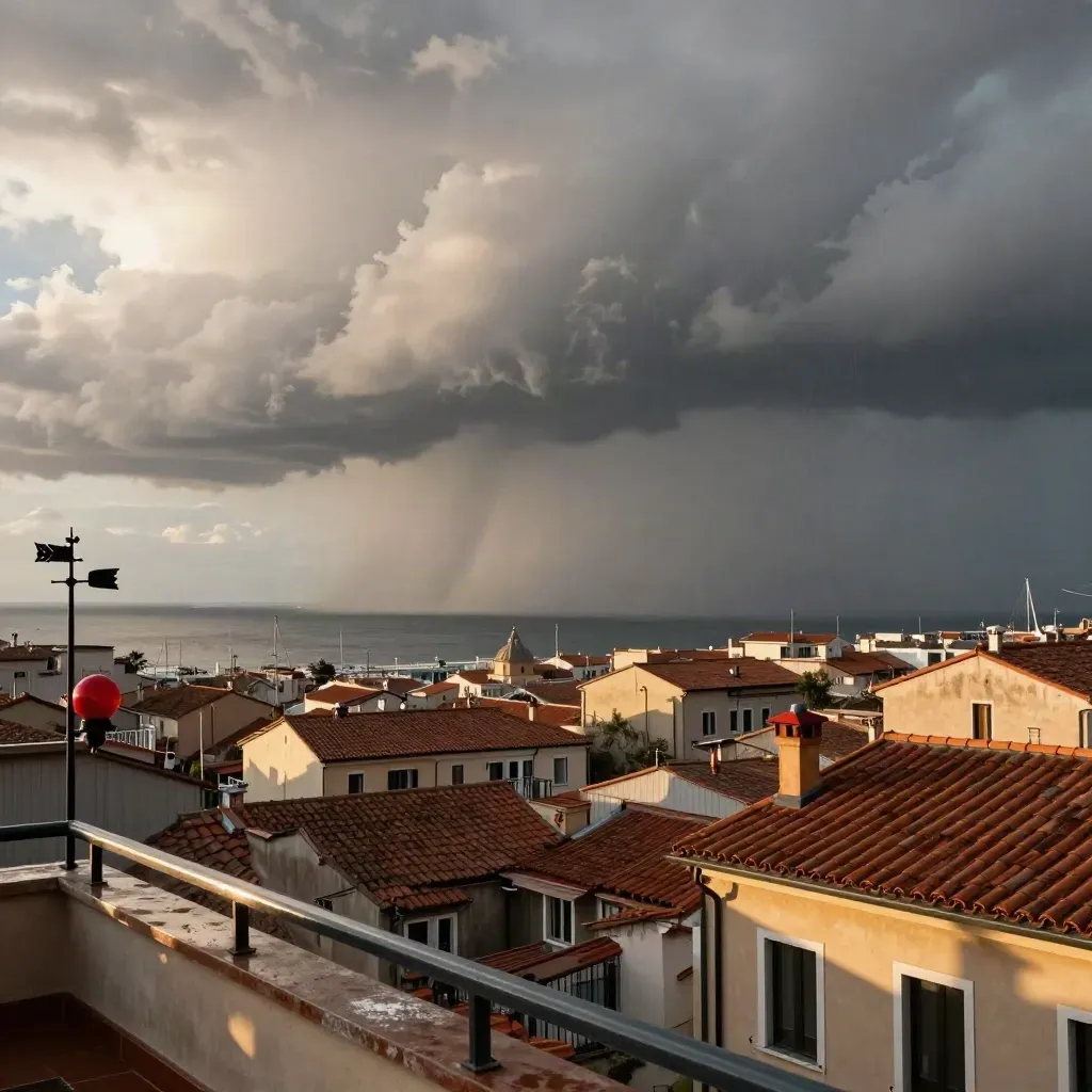 Nuvole di tempesta su una città costiera italiana all’alba, con ringhiere bagnate e una banderuola.