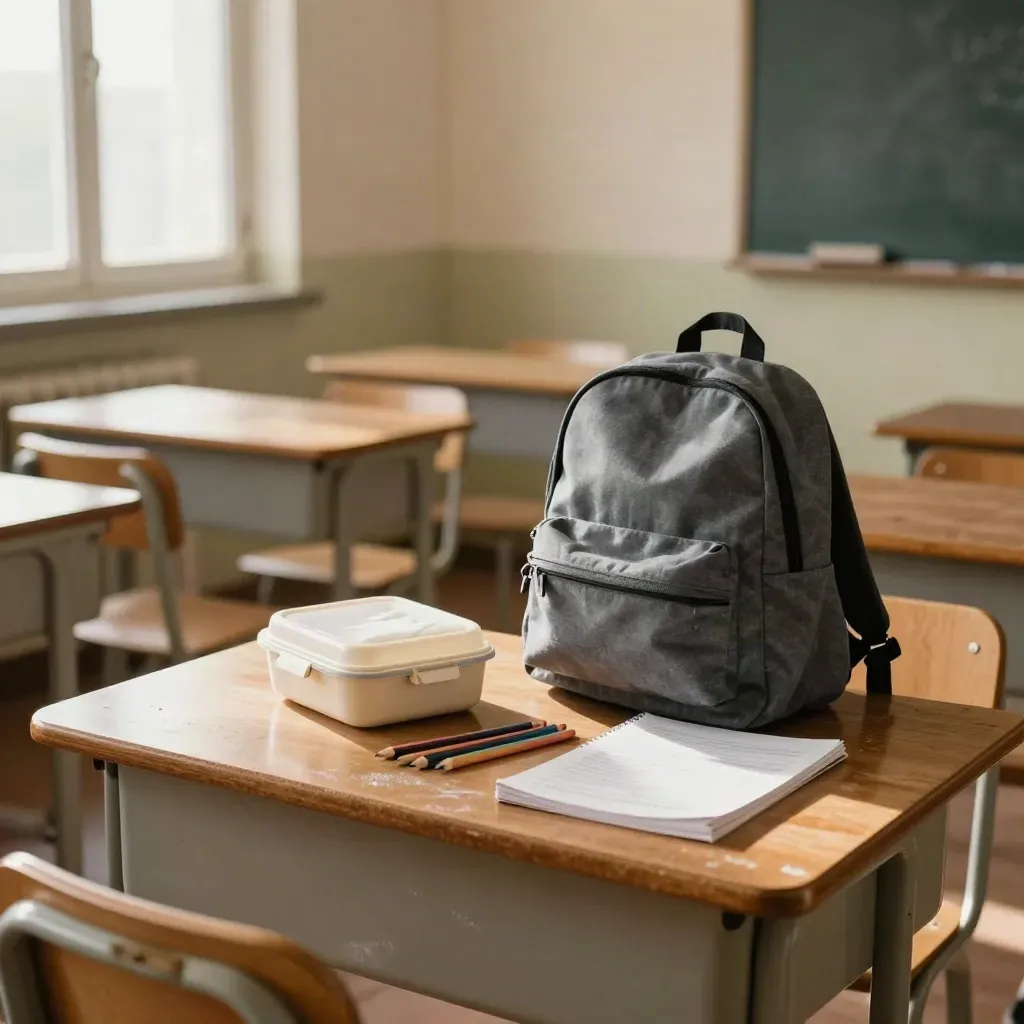 Zaino, lunchbox e quaderno chiuso su banco di scuola illuminato dal sole
