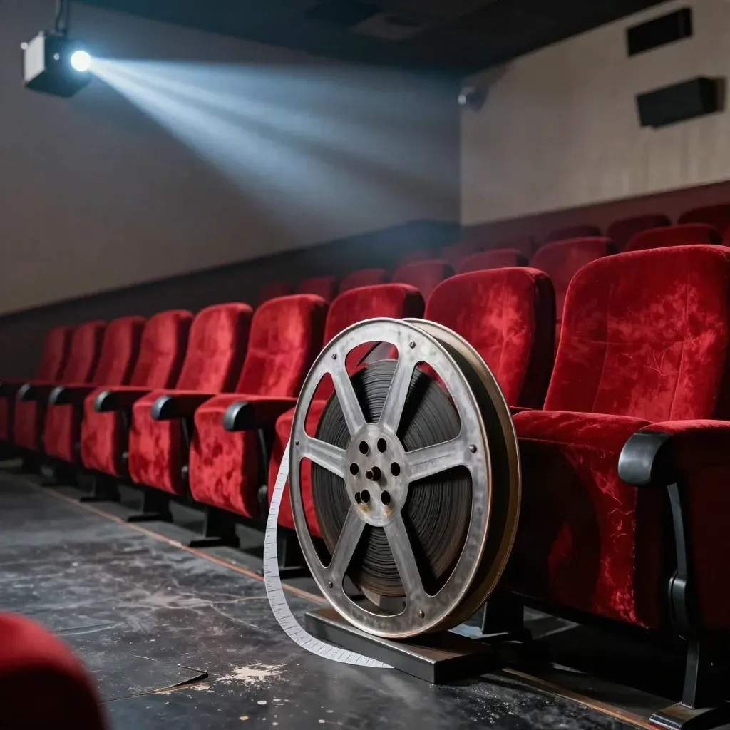 Rullino e poltrone rosse in una sala cinema vuota, attraversata da un fascio di proiezione